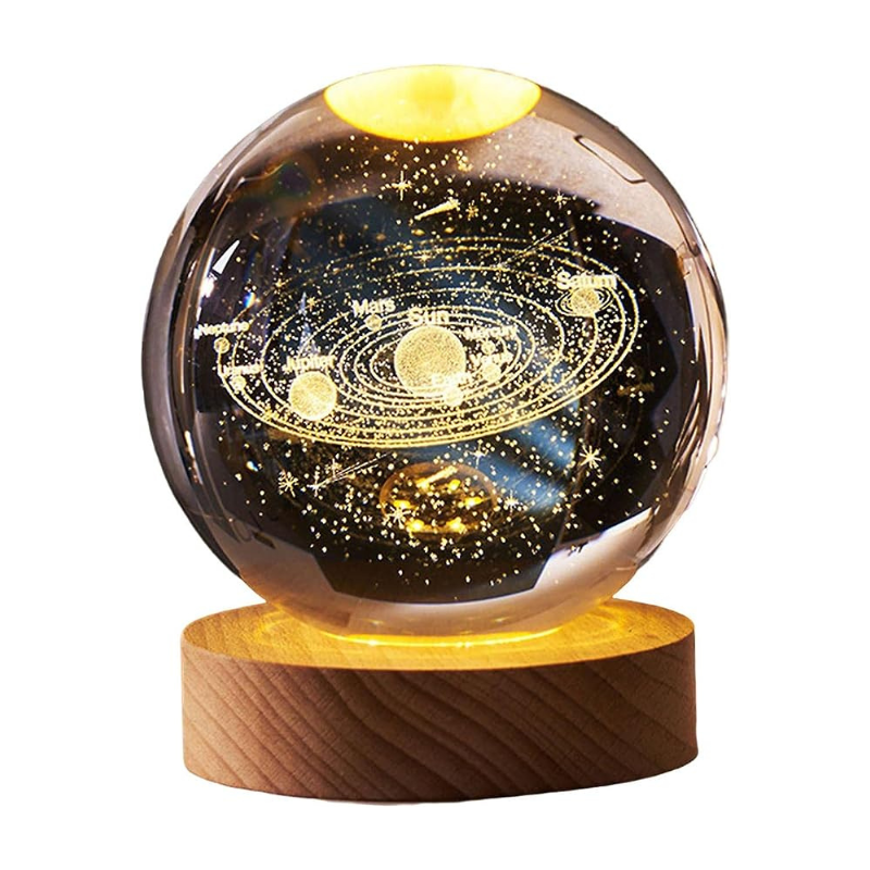 Large 3D crystal ball Solar System lamp, with base and USB led light, gift box included