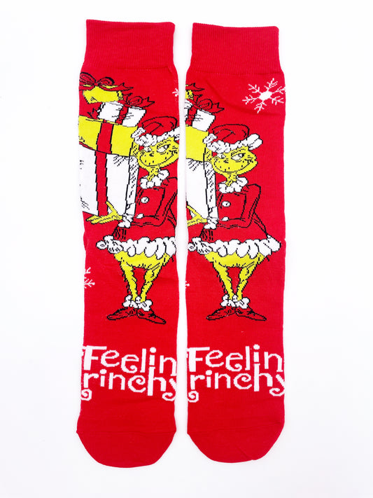 Calzini il Grinch con scritta Feeling Grinchy, natalizio, colore rosso cartone animato