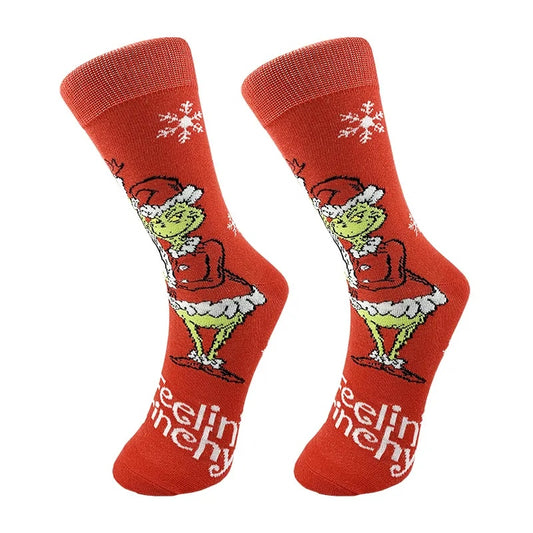 Calzini il Grinch con scritta Feeling Grinchy, natalizio, colore rosso cartone animato