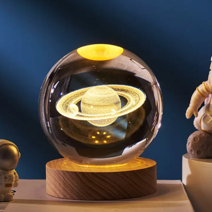 Lampada Saturno 3D sfera di cristallo grande, con base e luce a led USB, confezione regalo inclusa