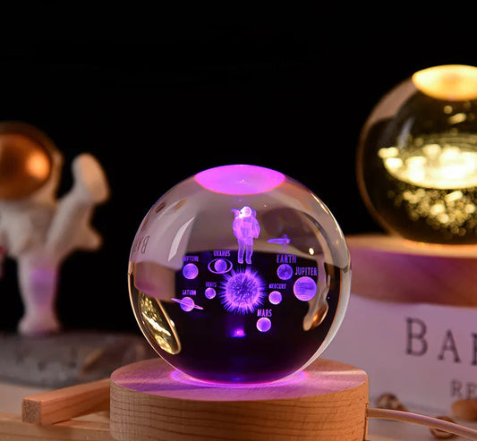 Lampada Astronauta e Sistema solare 3D rgb colorato con telecomando sfera di cristallo grande, con base e luce a led USB, confezione regalo inclusa